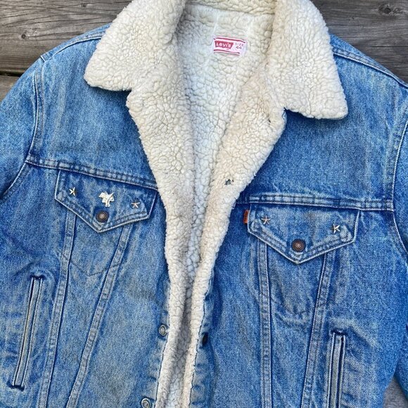 Vintage 1971 Orange Tab Levis Sherpa Denim Jacket Size 44 Large Blue - Picture 11 of 16